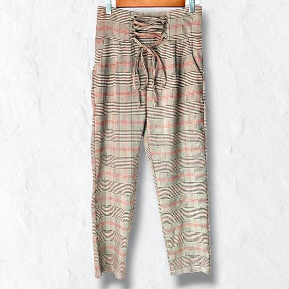 Source Unknown Pants - Dupplin Plaid Checkered High Rise Twill Dress Pants w/ Lace Front Tie Sz S